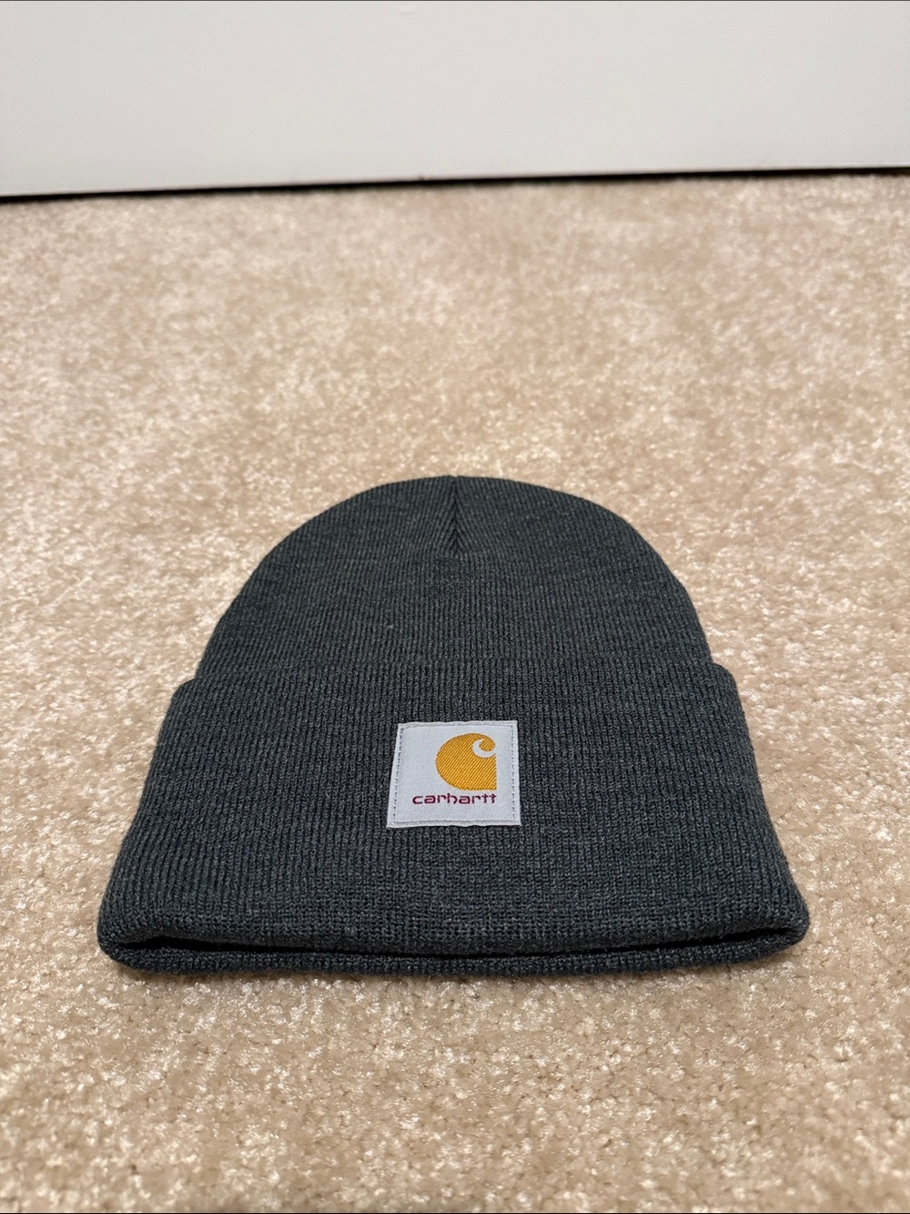 Carhartt Dark Charcoal Gray Cuffed Beanie with Gold Logo Patch